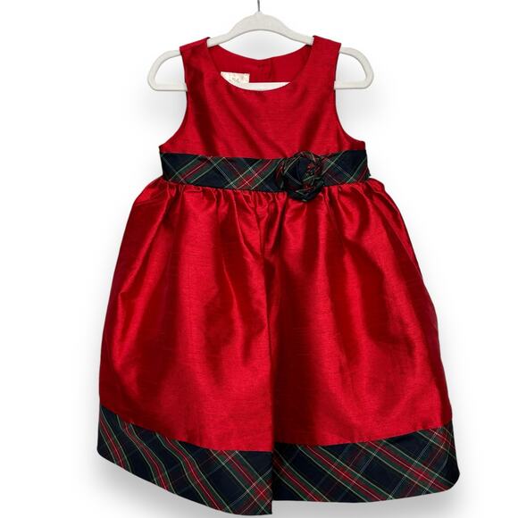 Laura Ashley Red Tafetta Dress with Plaid Trim - Picture 1 of 4